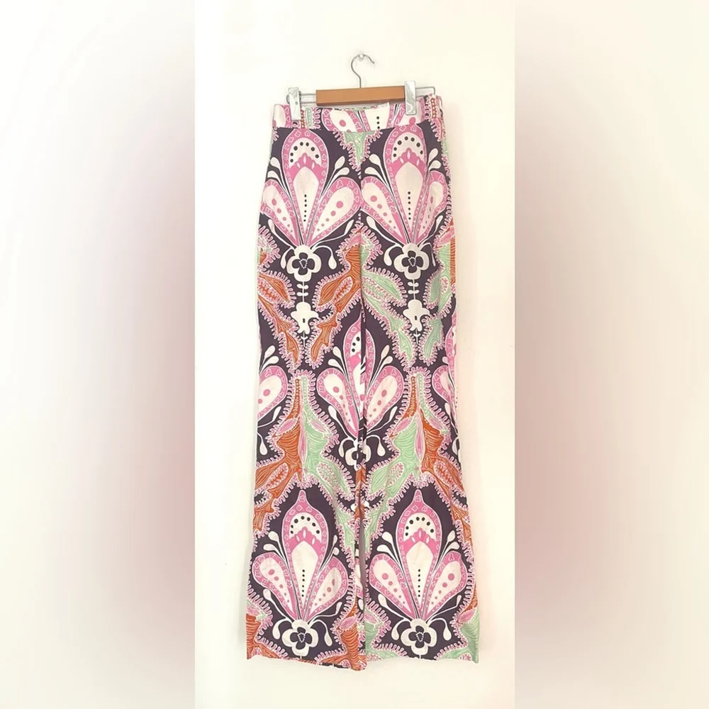 Zara Floral Print Linen Cotton Flare High Waist Trouser pants long tall